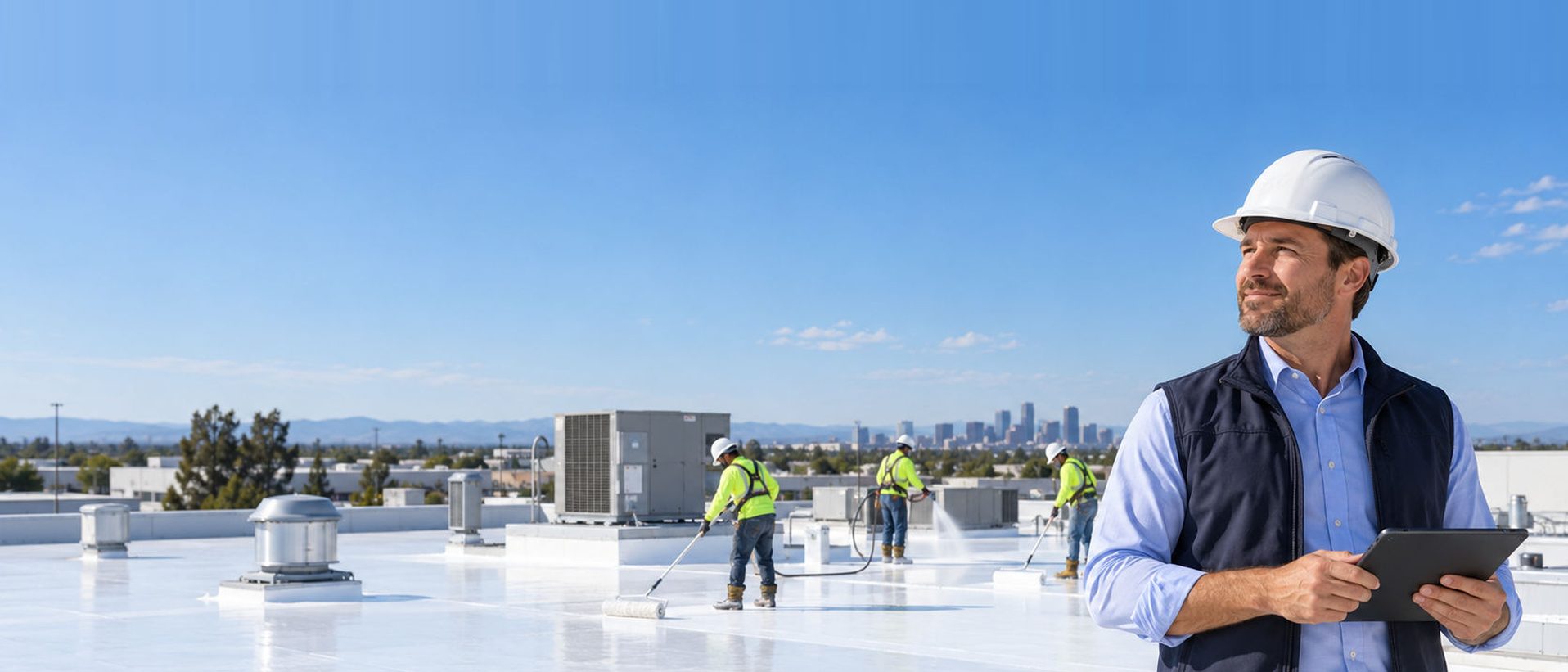 Crew spraying roof coating on a commercial roof
